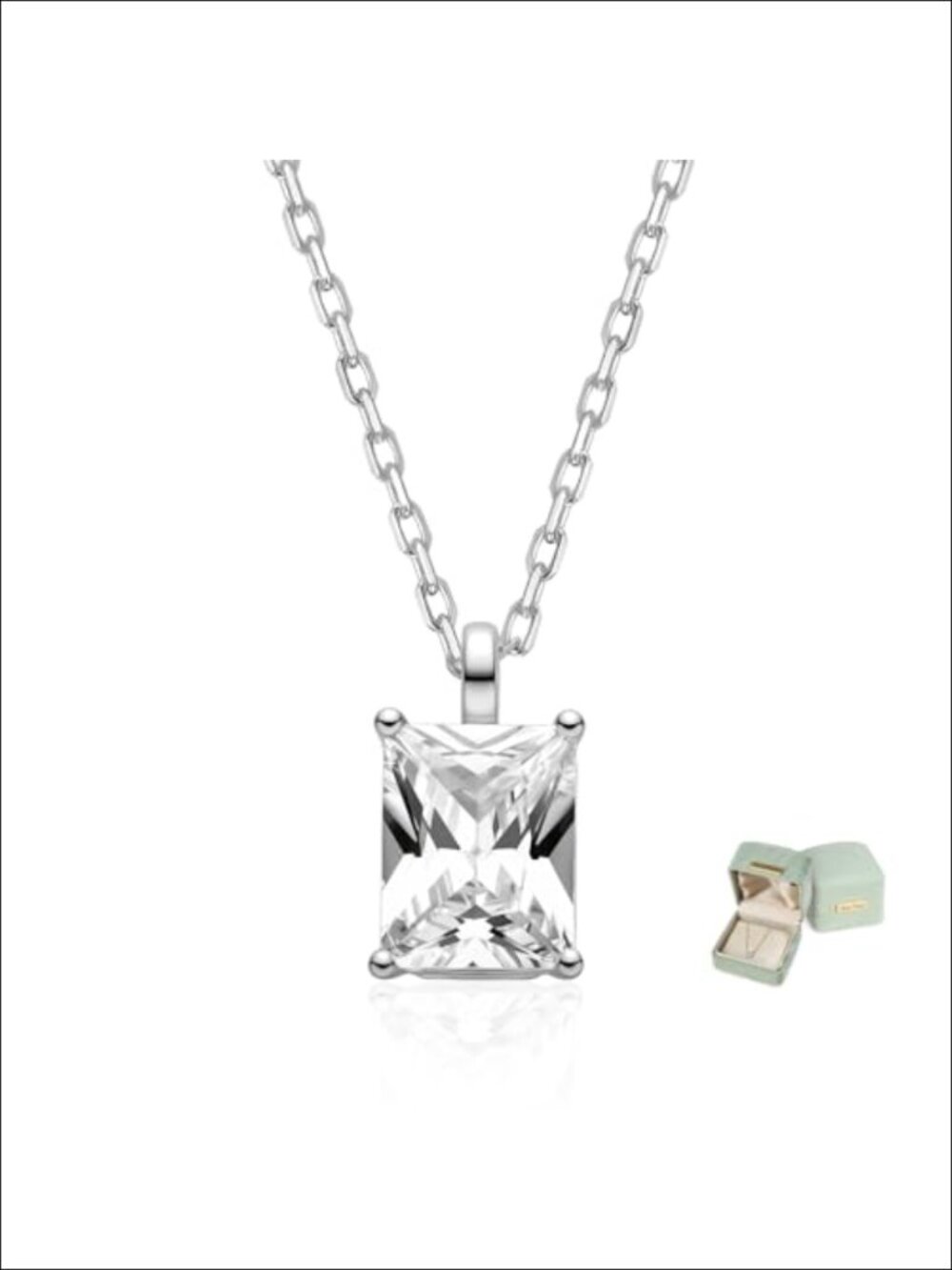 Sterling Silver Emerald Cut CZ Pendant Necklace 18K Gold Plated 45cm Adjustable